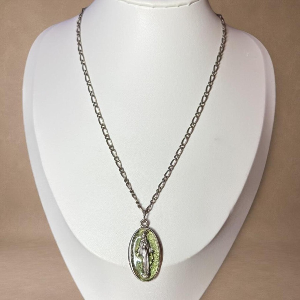 Vintage Catholic Virgin Mary Necklace Green Enamel Silver Tone Oval Pendant